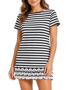 Talbots Dress Women's LP‎ Navy White Striped Lace Trim Nautical Parisian Coastal